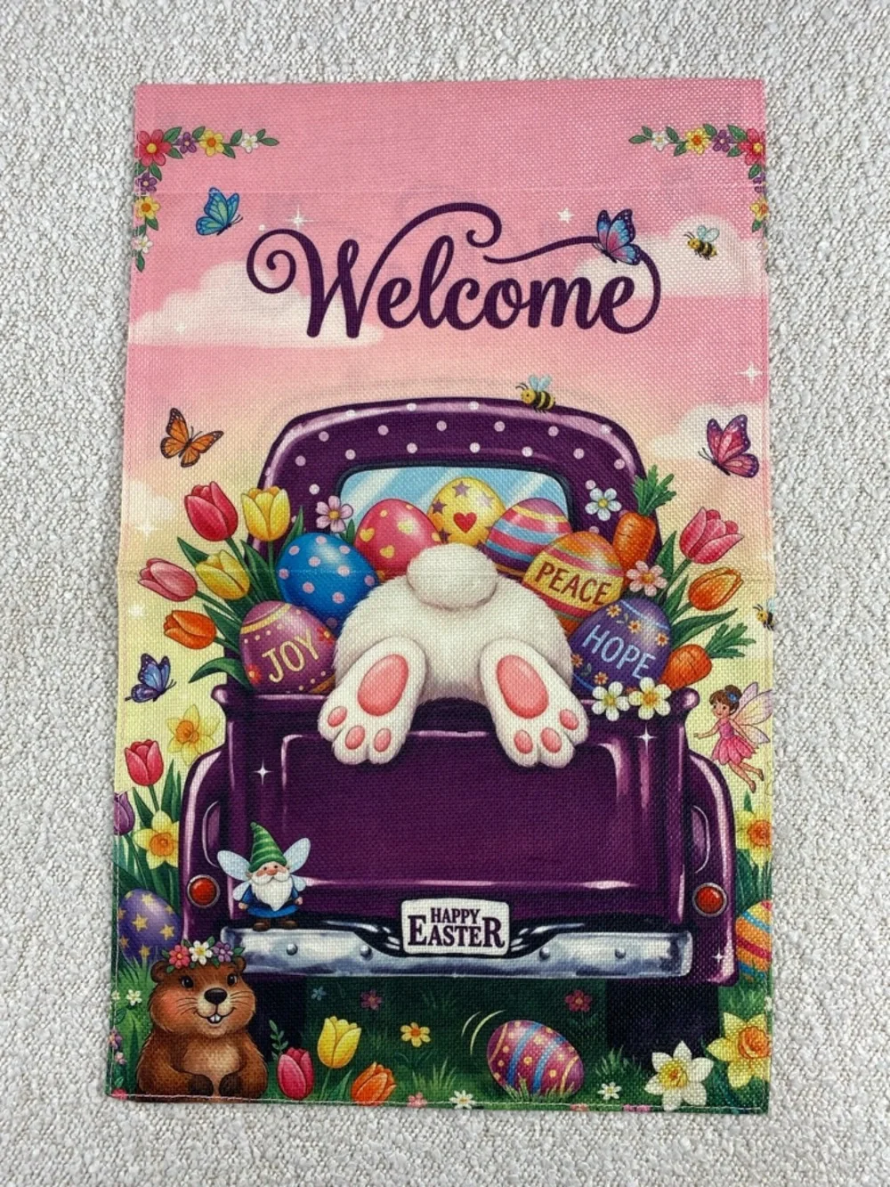 Welcome Easter Garden Flag - Pink & Purple Bunny Tail Design